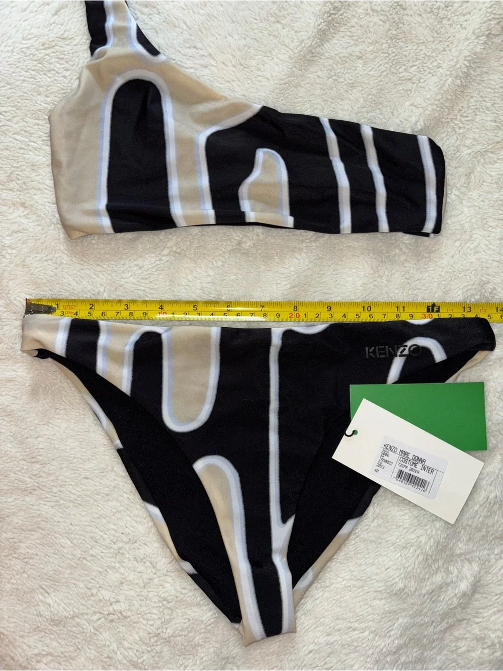 Kenzo Black and Cream One Shoulder Abstract Bikini Top and Bottom